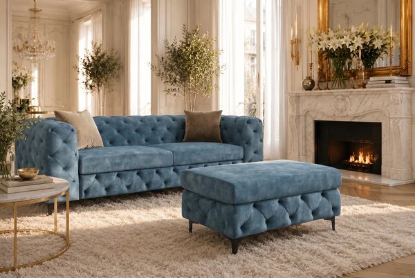 Estila Moderná chesterfield obdĺžniková taburetka Modern Barock so zamatovým čalúnením v petrolejovej modrej farbe a nožičkami 95 cm