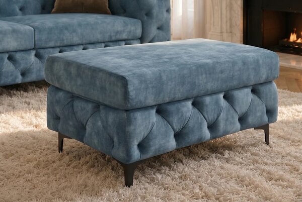 Estila Moderná chesterfield obdĺžniková taburetka Modern Barock so zamatovým čalúnením v petrolejovej modrej farbe a nožičkami 95 cm