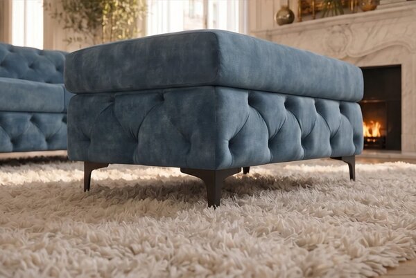 Estila Moderná chesterfield obdĺžniková taburetka Modern Barock so zamatovým čalúnením v petrolejovej modrej farbe a nožičkami 95 cm