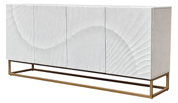 Estila Moderný štvordverový art-deco príborník Cumbria z bieleho mangového dreva s 3D dekorom vĺn a zlatou kovovou podstavou 180 cm