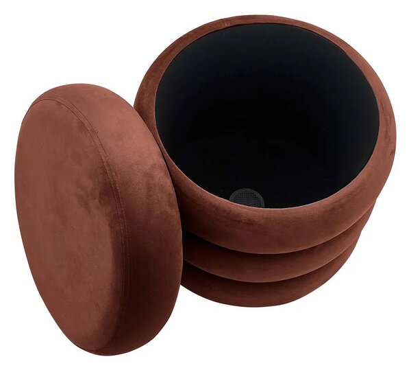 Estila Moderná art deco okrúhla taburetka Eliana s úložným priestorom a zamatovým poťahom v hrdzavej hnedej farbe 41 cm