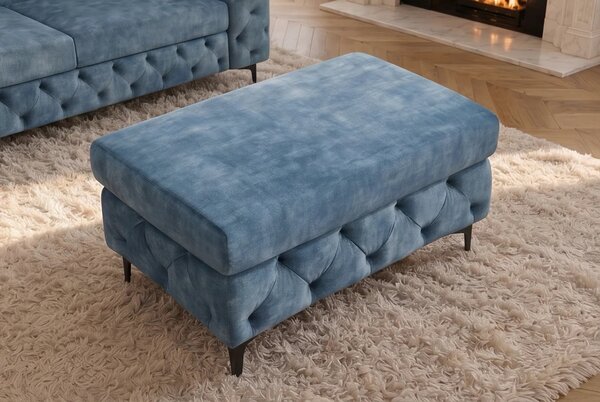 Estila Moderná chesterfield obdĺžniková taburetka Modern Barock so zamatovým čalúnením v petrolejovej modrej farbe a nožičkami 95 cm
