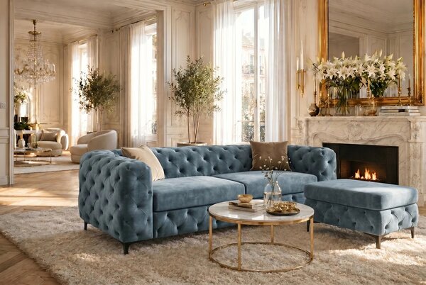 Estila Moderná chesterfield obdĺžniková taburetka Modern Barock so zamatovým čalúnením v petrolejovej modrej farbe a nožičkami 95 cm