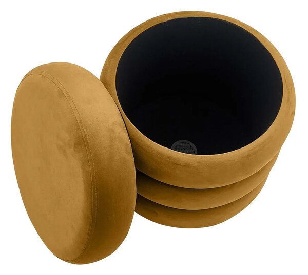 Estila Dizajnová art deco okrúhla taburetka Eliana s prešívaným zamatovým čalúnením a úložným priestorom v horčicovej žltej farbe 41 cm