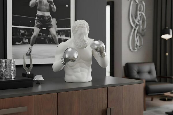 Estila Moderná dizajnová biela socha Zeus v podobe antickej figúry v boxerskej póze s lesklými striebornými rukavicami 47 cm