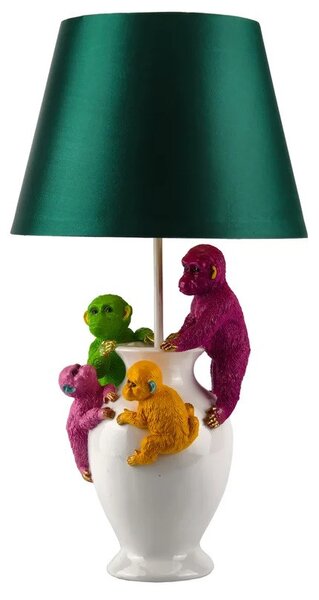 Estila Dizajnová stolná lampa Tierra Glam so zeleným textilným tienidlom a bielou podstavou s farebnými figúrami opíc 55 cm