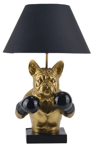 Estila Glamour stolná lampa Pop Atelier s čiernym tienidlom a podstavou so zlatou sochou buldoga s boxerskými rukavicami 56 cm