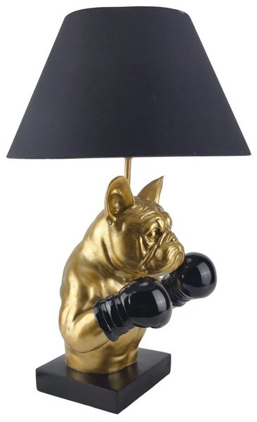 Estila Glamour stolná lampa Pop Atelier s čiernym tienidlom a podstavou so zlatou sochou buldoga s boxerskými rukavicami 56 cm