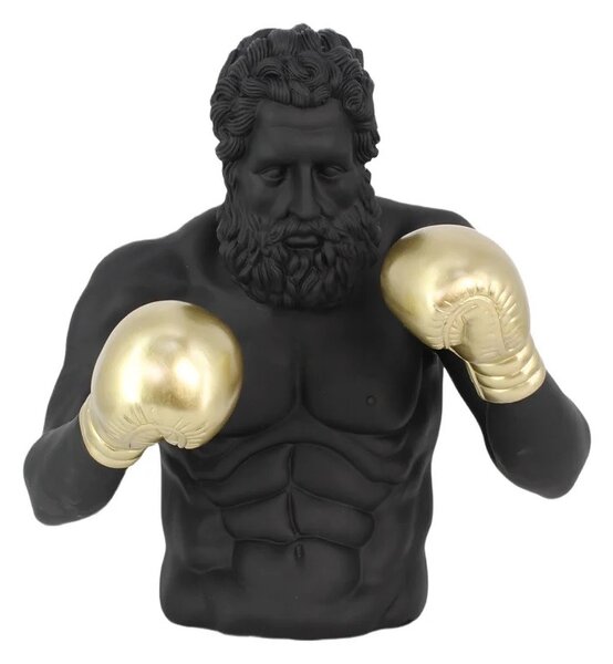 Estila Moderná dizajnová socha Zeus s motívom čiernej antickej figúry so zlatými boxovacími rukavicami v pop art štýle 48 cm