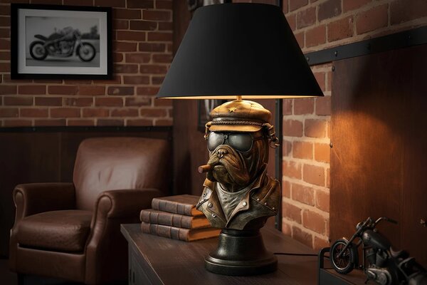 Estila Dizajnová stolná lampa Pop Atelier s bronzovou bustou buldoga s cigarou v pop art štýle a čiernym textilným tienidlom 55 cm
