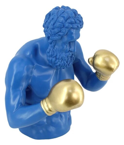 Estila Dizajnová glamour socha Zeus s motívom antickej figúry v boxerskej póze v kráľovskej modrej farbe so zlatými rukavicami 47 cm