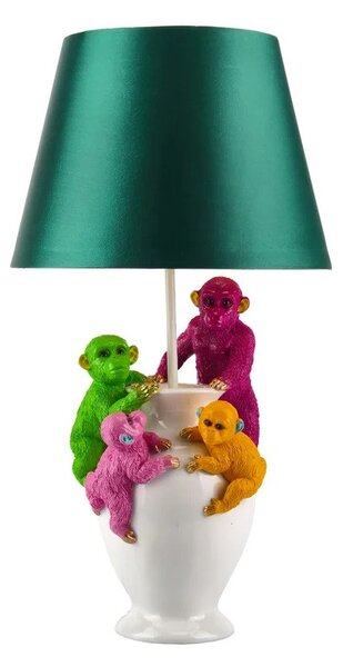 Estila Dizajnová stolná lampa Tierra Glam so zeleným textilným tienidlom a bielou podstavou s farebnými figúrami opíc 55 cm