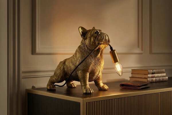 Estila Dizajnová glamour stolná lampa Tierra Glam so sochou buldoga držiaceho žiarovku v zlatej farbe 35 cm