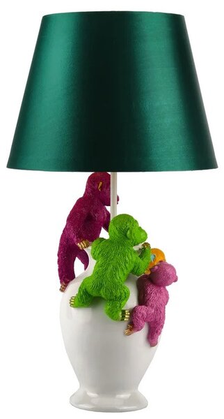 Estila Dizajnová stolná lampa Tierra Glam so zeleným textilným tienidlom a bielou podstavou s farebnými figúrami opíc 55 cm