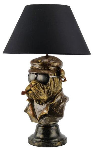 Estila Dizajnová stolná lampa Pop Atelier s bronzovou bustou buldoga s cigarou v pop art štýle a čiernym textilným tienidlom 55 cm