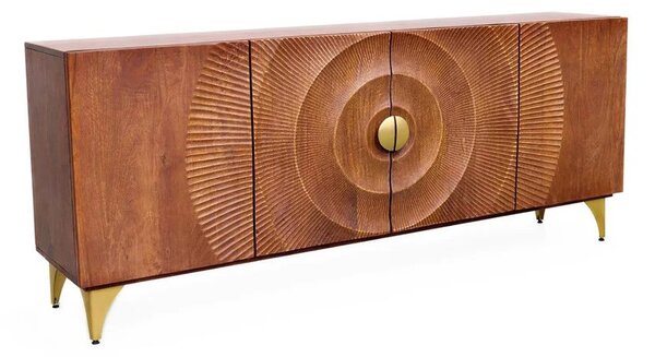 Estila Dizajnový art deco štvordverový príborník Cumbria z masívneho mangového dreva v hnedej farbe so zlatými detailmi 180 cm