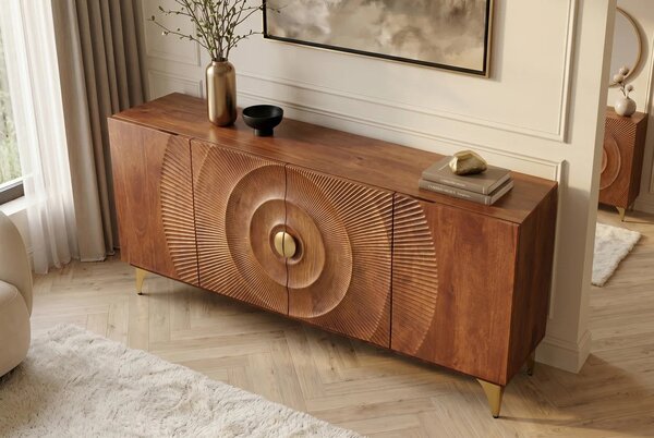 Estila Dizajnový art deco štvordverový príborník Cumbria z masívneho mangového dreva v hnedej farbe so zlatými detailmi 180 cm