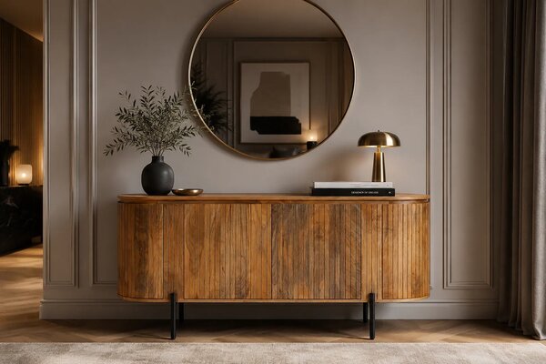 Estila Moderný art deco oválny štvordverový príborník Gatsby z mangového dreva v prírodnej hnedej farbe s lamelovým dekorom 160 cm