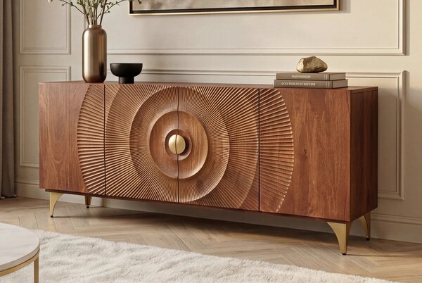 Estila Dizajnový art deco štvordverový príborník Cumbria z masívneho mangového dreva v hnedej farbe so zlatými detailmi 180 cm