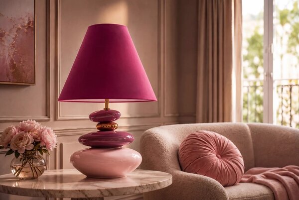 Estila Glamour stolná lampa Caillou v odtieňoch fuksiovej a ružovej so zlatým detailom a organickým dizajnom kameňov 59 cm