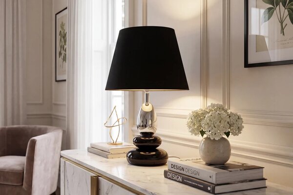 Estila Art deco moderná stolná lampa Caillou s podstavou s dizajnom okruhliakov v čiernej farbe so strieborným detailom 45 cm