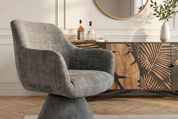 Estila Dizajnová art deco čalúnená jedálenská stolička Sonu so sivým ženilkovým poťahom a otočným sedadlom s jednou nohou 62 cm