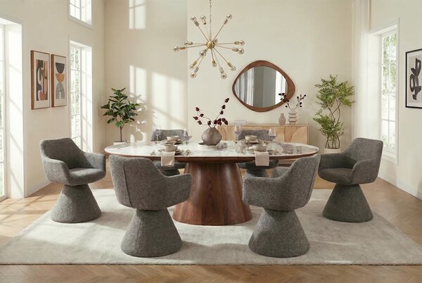 Estila Moderná art deco otočná jedálenská stolička Sonu s mohutnou nohou a celoplošným poťahom v hnedosivom odtieni taupe 62 cm