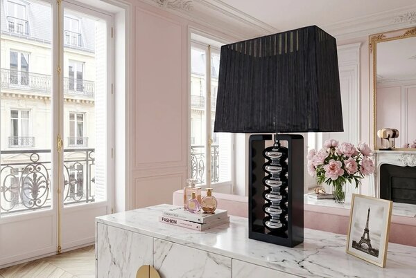 Estila Dizajnová glamour čierna stolná lampa Galla s organzovým polohovateľným tienidlom a nohou s lesklým strieborným akcentom 55 cm
