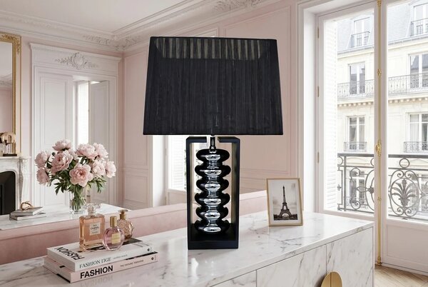 Estila Dizajnová glamour čierna stolná lampa Galla s organzovým polohovateľným tienidlom a nohou s lesklým strieborným akcentom 55 cm