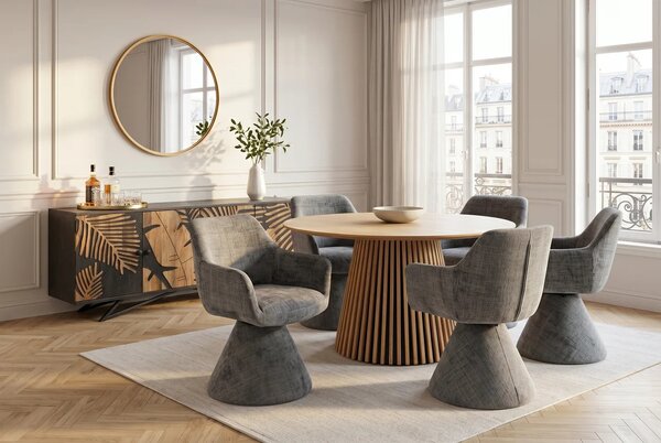 Estila Dizajnová art deco čalúnená jedálenská stolička Sonu so sivým ženilkovým poťahom a otočným sedadlom s jednou nohou 62 cm