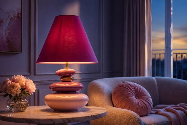 Estila Glamour stolná lampa Caillou v odtieňoch fuksiovej a ružovej so zlatým detailom a organickým dizajnom kameňov 59 cm