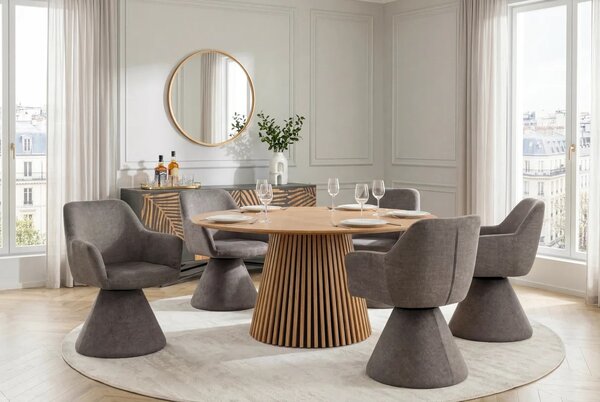 Estila Art deco otočná zamatová jedálenská stolička Sonu s celoplošným čalúnením v hnedosivej farbe s mohutnou nohou a opierkami 62 cm