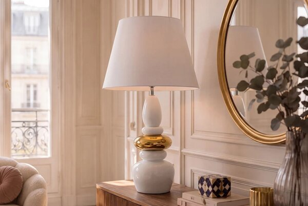 Estila Moderná art deco biela stolná lampa Caillou so zlatým detailom s dizajnom naskladaných kameňov a polohovateľným tienidlom 68 cm
