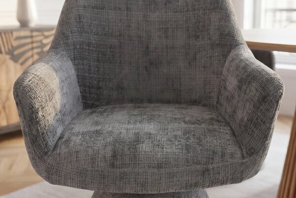 Estila Dizajnová art deco čalúnená jedálenská stolička Sonu so sivým ženilkovým poťahom a otočným sedadlom s jednou nohou 62 cm