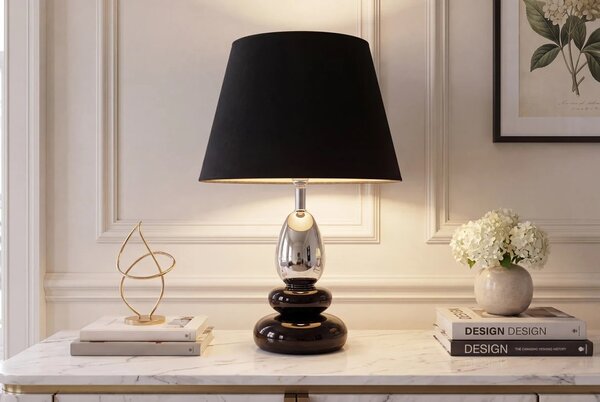 Estila Art deco moderná stolná lampa Caillou s podstavou s dizajnom okruhliakov v čiernej farbe so strieborným detailom 45 cm