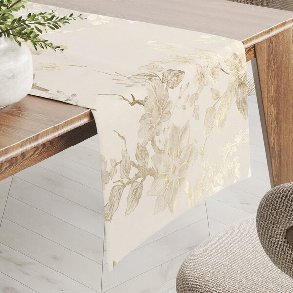 Biante Zamatový behúň na stôl Isabela Flower IBL-022 Zlaté kvety na smotanovom 20x120 cm
