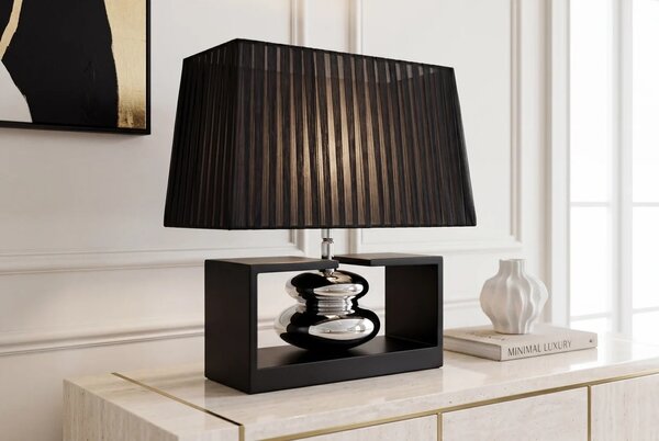 Estila Art deco stolná lampa Galla s polohovateľným organzovým tienidlom a dizajnovou nohou v čiernej a striebornej farbe 35 cm