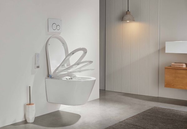 CERANO - WC závesné s integrovaným elektronickým bidetom Cronus Pro, Vortex Rimless 180° + UF sedátko - biela lesklá - 59,3x38,4 cm