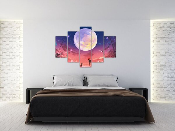 Obraz - Žena a pes pri splne (150x105 cm)