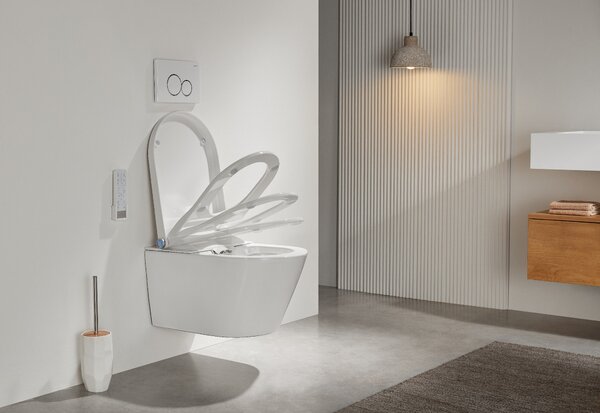 CERANO - WC závesné s integrovaným elektronickým bidetom Cronus Standard, Vortex Rimless 180 ° + UF sedátko - biela lesklá - 59,3x38,4 cm
