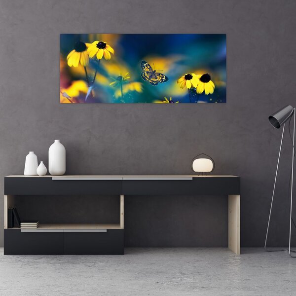 Obraz - Žltý motýľ s kvetmi (120x50 cm)