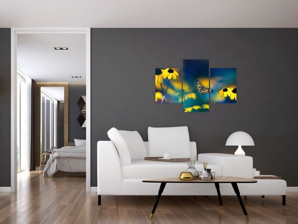 Obraz - Žltý motýľ s kvetmi (90x60 cm)
