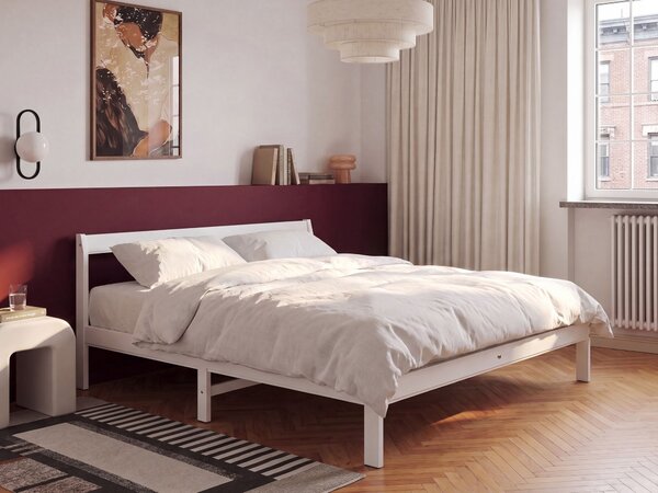 Posteľ biela borovicové drevo 160 x 200 cm s čelom a lamelovým roštom minimalistický štýl spálňa