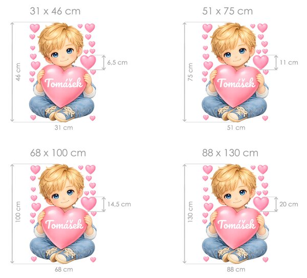 Nalepte.cz Blond chlapček so srdiečkom a menom textilní prelepiteľná nálepka na stenu arch 31 x 46 cm