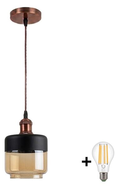 Brilagi-LED Závesné svietidlo na lanku R GLASS 1xE27/60W/230V priemer 14 cm meď/dymová béžová/čierna