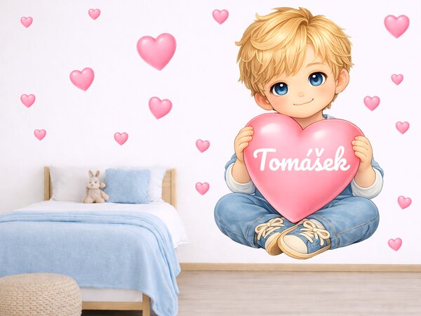 Nalepte.cz Blond chlapček so srdiečkom a menom textilní prelepiteľná nálepka na stenu arch 31 x 46 cm