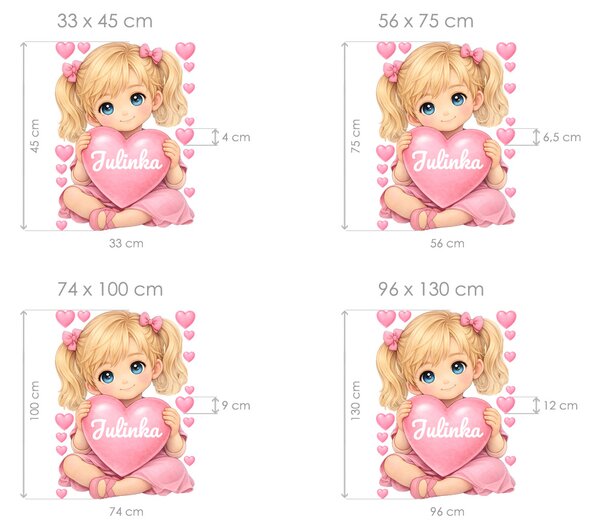 Nalepte.cz Blond dievčatko so srdiečkom a menom textilní prelepiteľná nálepka na stenu arch 33 x 45 cm