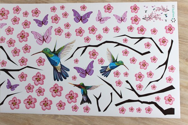 Nalepte.cz Motýle kolibríky a kvety textilní prelepiteľné nálepky na stenu arch 70 x 28 cm