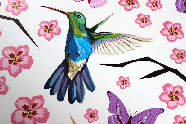 Nalepte.cz Motýle kolibríky a kvety textilní prelepiteľné nálepky na stenu arch 70 x 28 cm