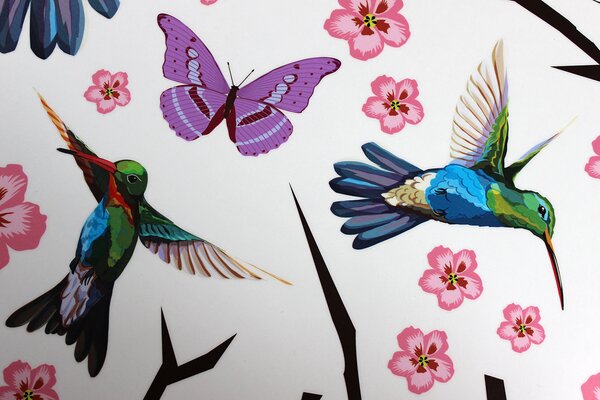 Nalepte.cz Motýle kolibríky a kvety textilní prelepiteľné nálepky na stenu arch 70 x 28 cm